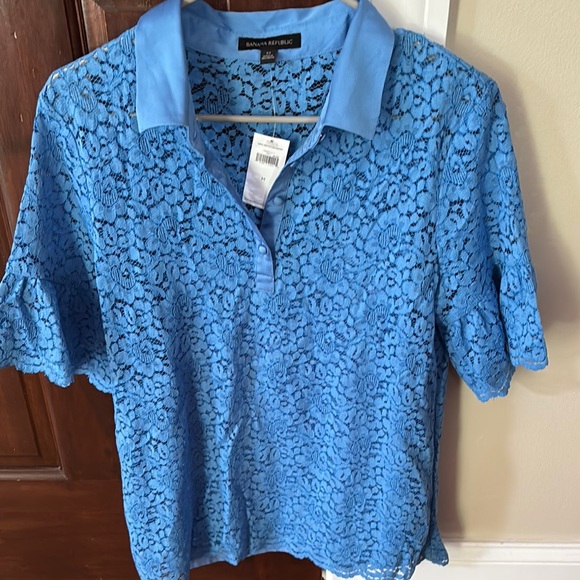 Banana Republic Blue Ruffled Buttoned Polo Blouse (New With Tags) - Picture 1 of 4
